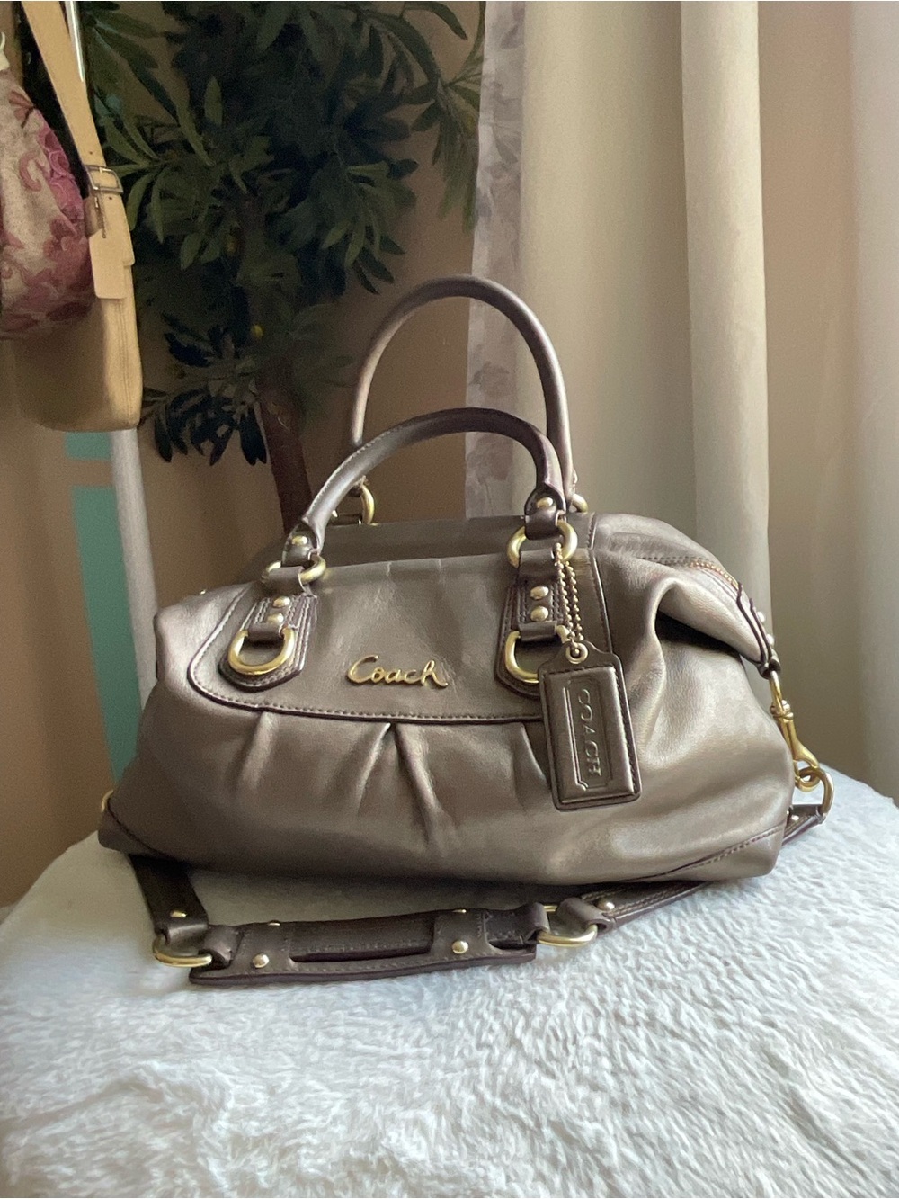 Coach Metallic Taupe Leather Satchel with Gold Hardware